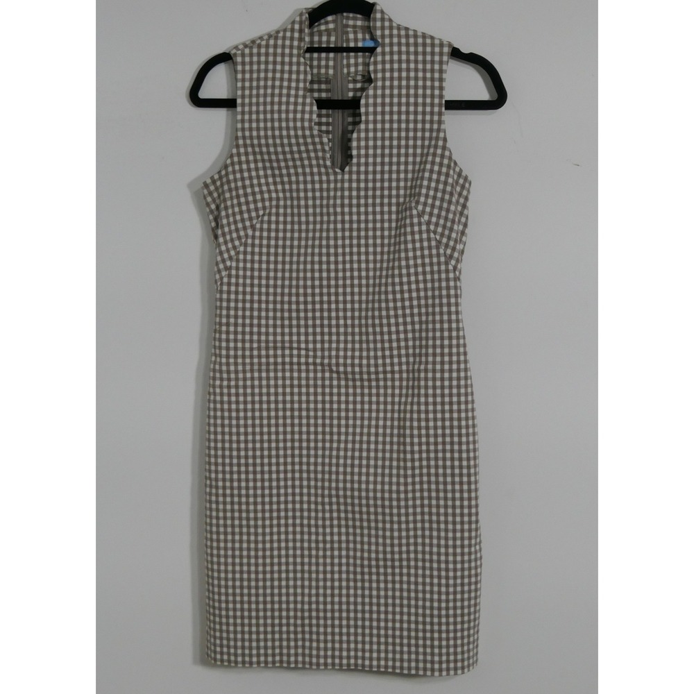 J.McLaughlin‎ Womens Dress 4 Taupe/White Gingham Scallop Neck Preppy Hamptons